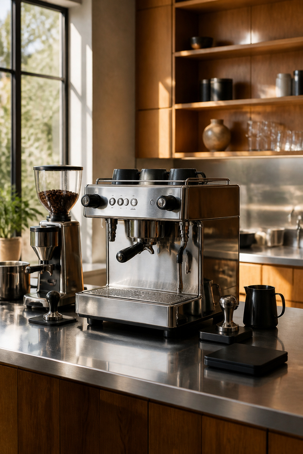 30 Coffee Bar Ideas for Every Room, Style and Budget in 2026 18 An espresso machine setup with necessary equipment on a counter.