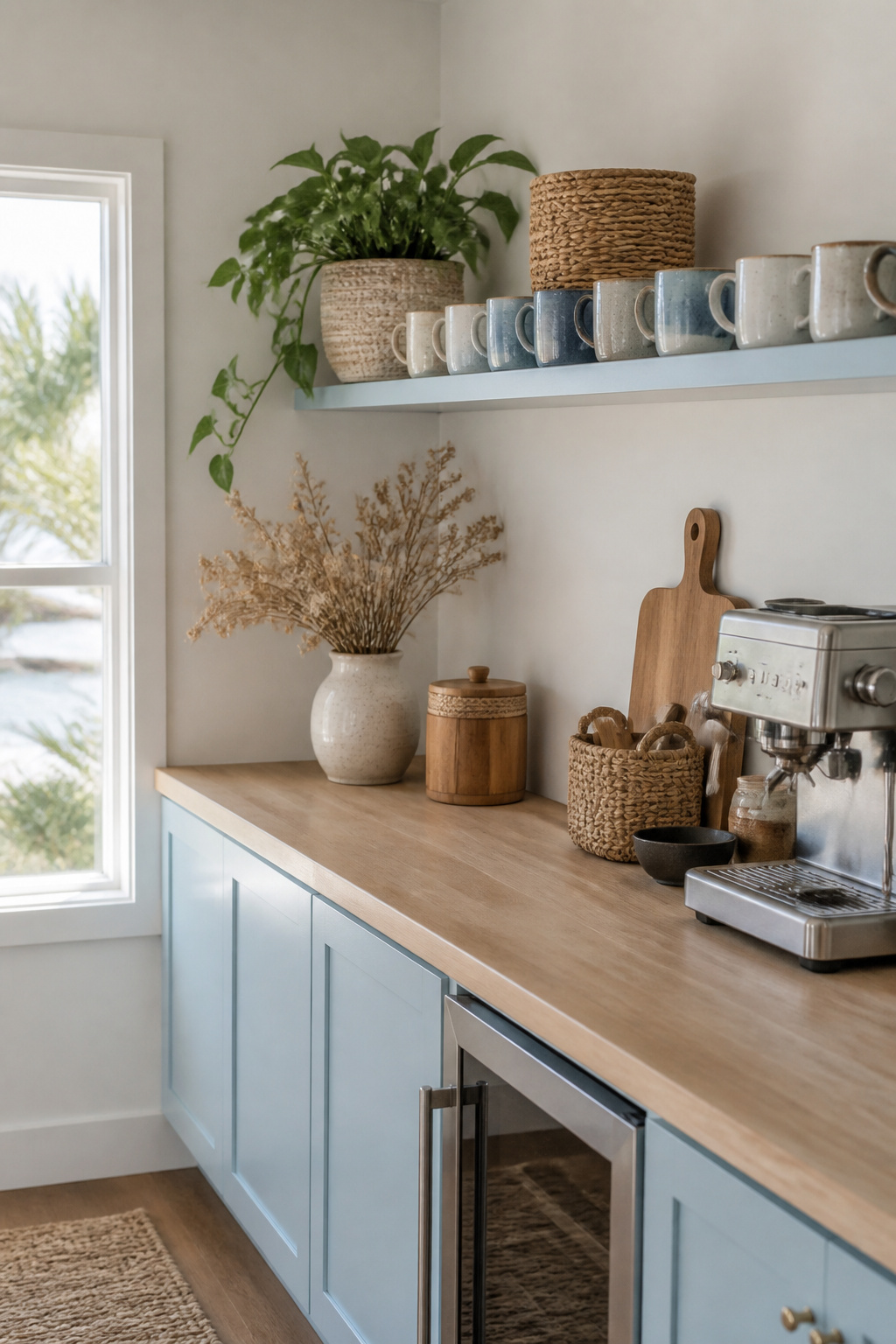30 Coffee Bar Ideas for Every Room, Style and Budget in 2026 20 A coffee bar with a coastal theme and soft color palette.