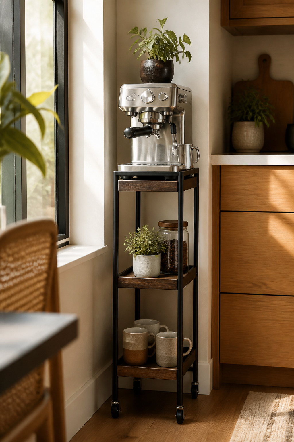 30 Coffee Bar Ideas for Every Room, Style and Budget in 2026 21 A compact coffee cart with a coffee machine and mugs.