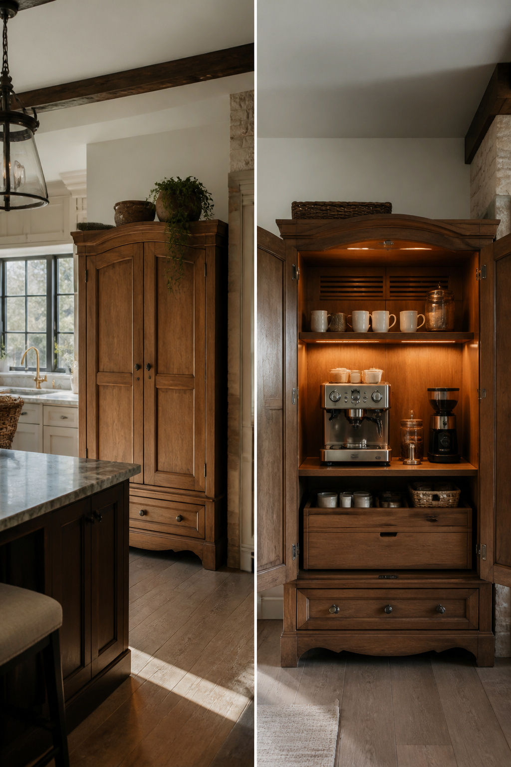 30 Coffee Bar Ideas for Every Room, Style and Budget in 2026 22 A used armoire serving as a hidden coffee station.