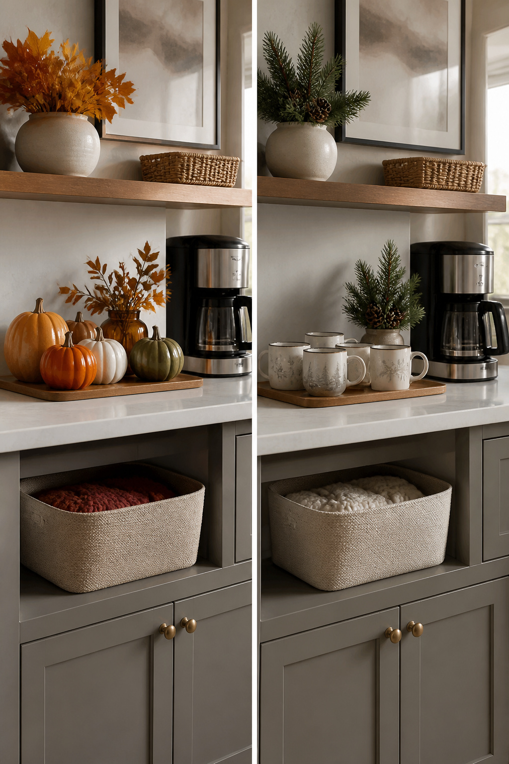 30 Coffee Bar Ideas for Every Room, Style and Budget in 2026 24 A coffee bar with seasonal decorations and a storage bin.