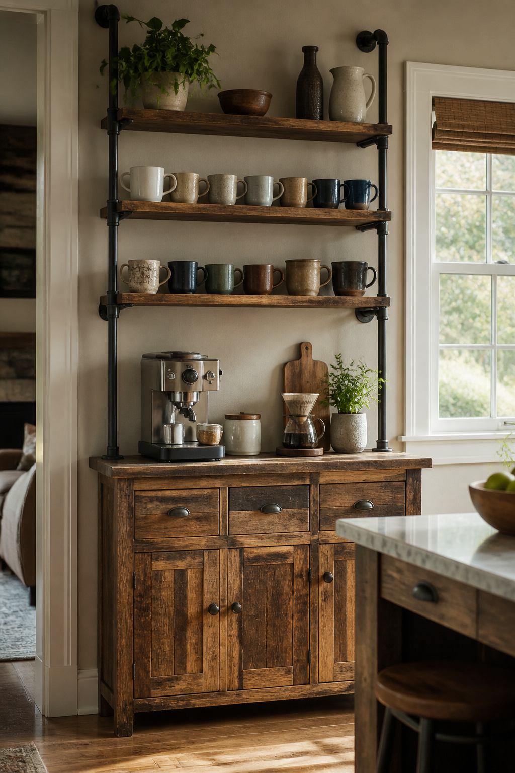 30 Coffee Bar Ideas for Every Room, Style and Budget in 2026 26 A rustic coffee bar with wood and metal elements.
