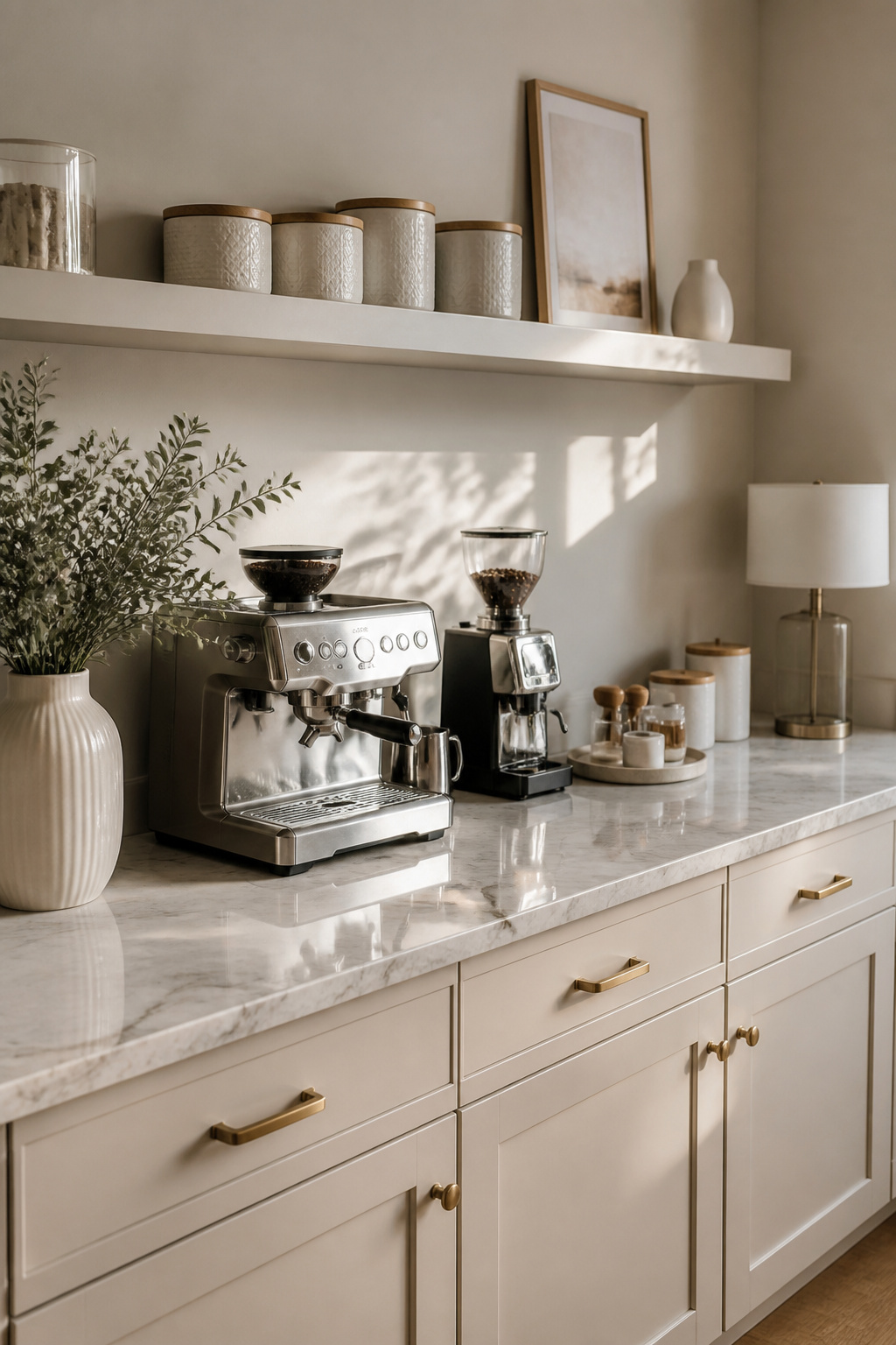 30 Coffee Bar Ideas for Every Room, Style and Budget in 2026 27 A coffee station with a marble-patterned countertop and cream cabinetry.