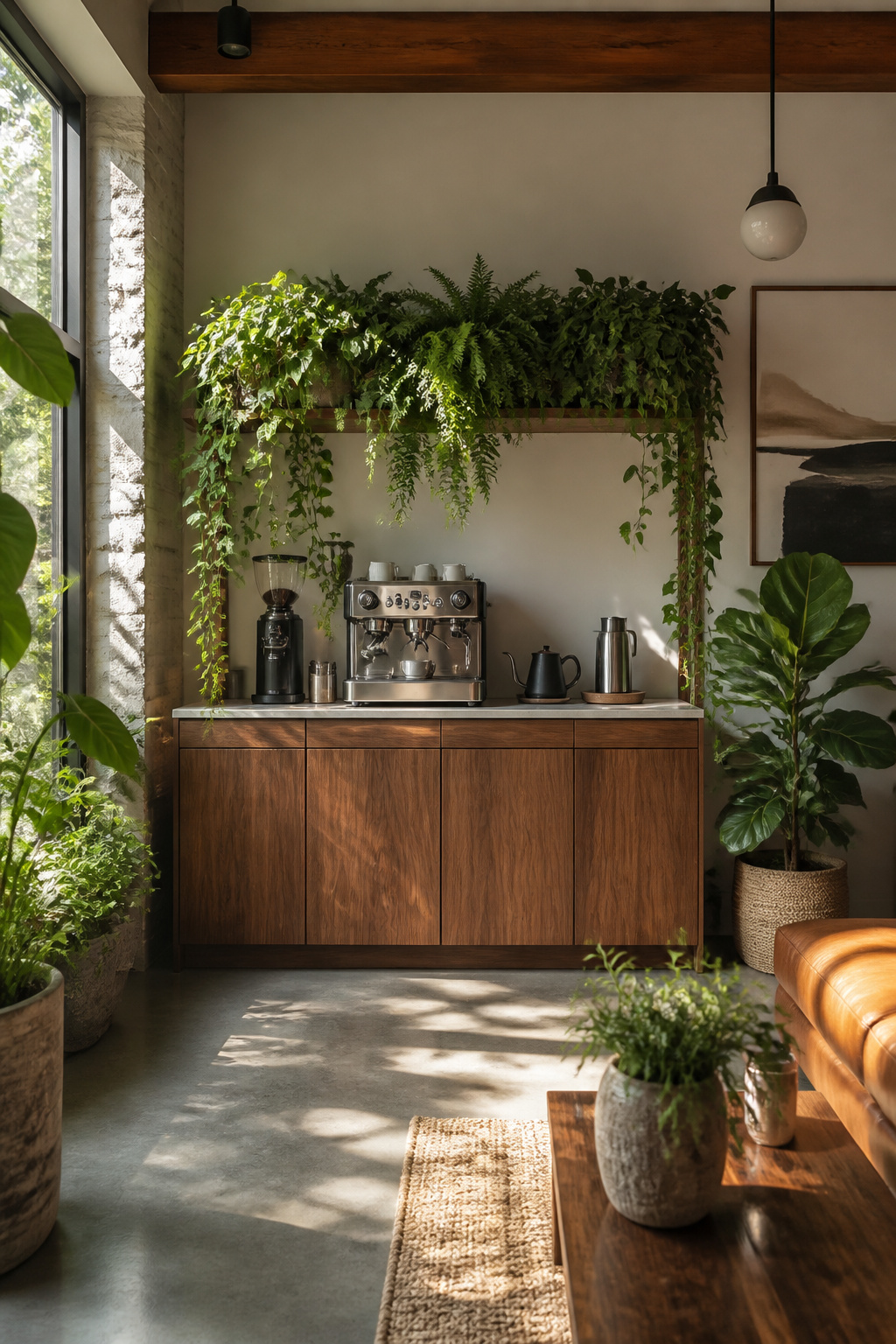 30 Coffee Bar Ideas for Every Room, Style and Budget in 2026 28 A coffee station with plants suited for humid environments.