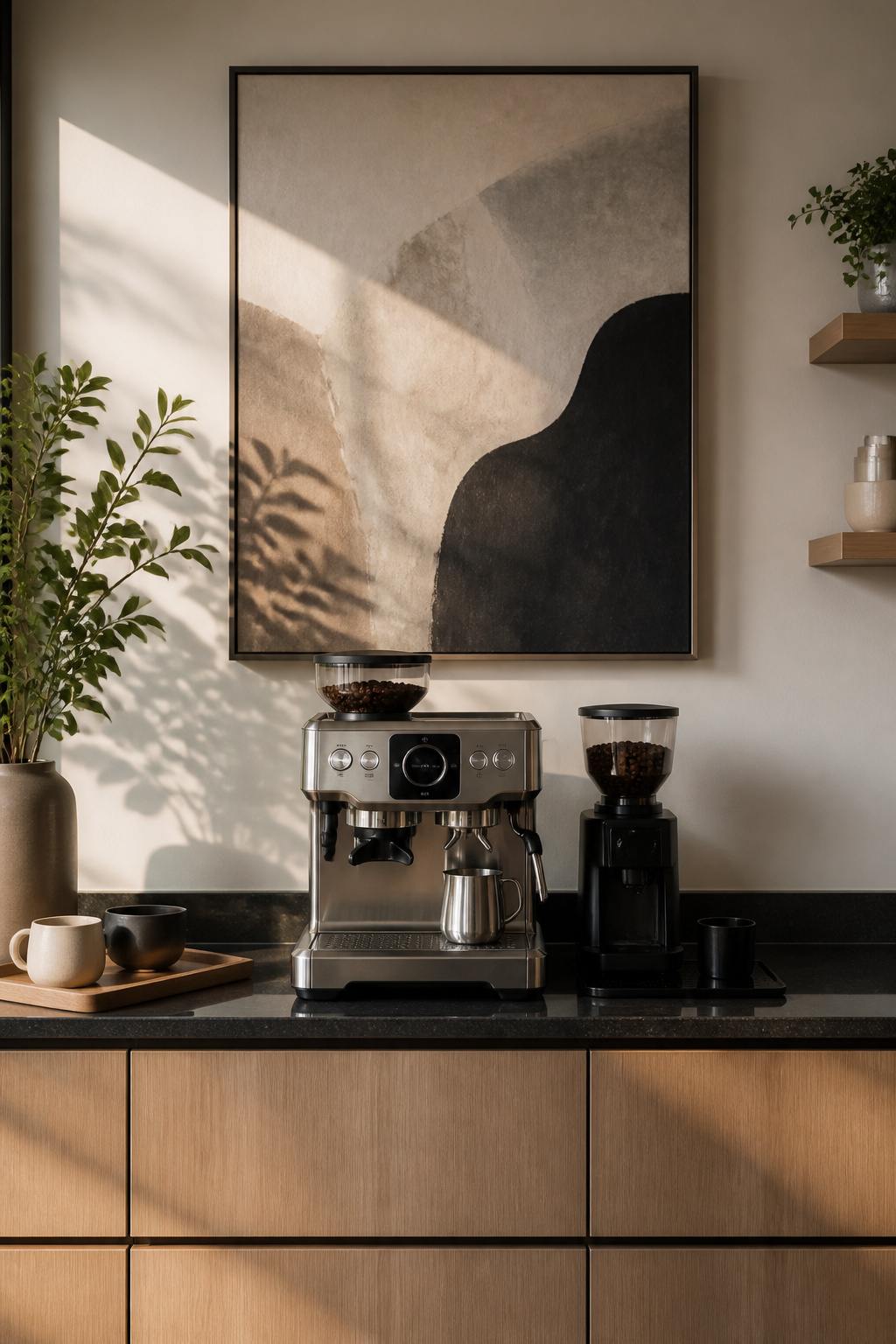30 Coffee Bar Ideas for Every Room, Style and Budget in 2026 29 Art displayed above a coffee station in a kitchen.