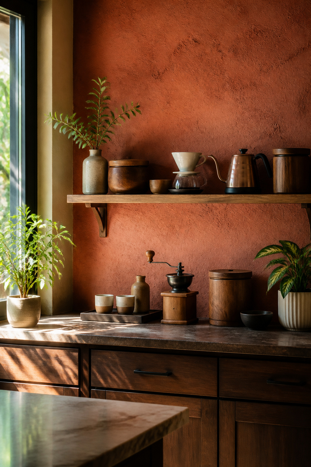 30 Coffee Bar Ideas for Every Room, Style and Budget in 2026 3 A terracotta wall with a shelf displaying coffee essentials.