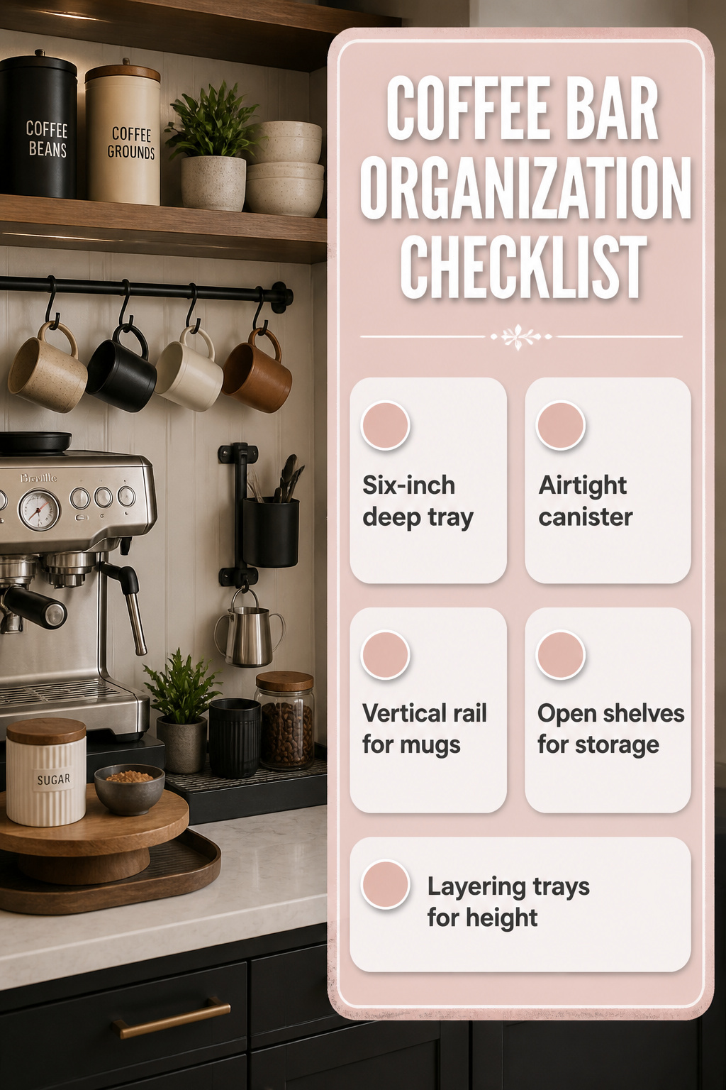 30 Coffee Bar Ideas for Every Room, Style and Budget in 2026 32 A coffee bar organization system with trays and canisters.