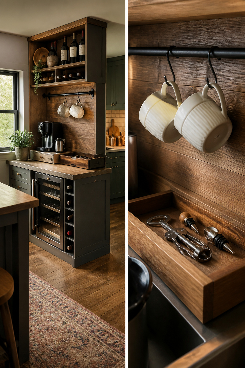 30 Coffee Bar Ideas for Every Room, Style and Budget in 2026 4 A coffee and wine bar with hanging mugs and a drawer for tools.