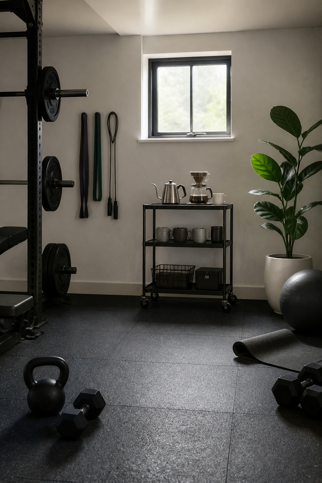 30 Coffee Bar Ideas for Every Room, Style and Budget in 2026 5 A rolling cart set up for coffee in a home gym.