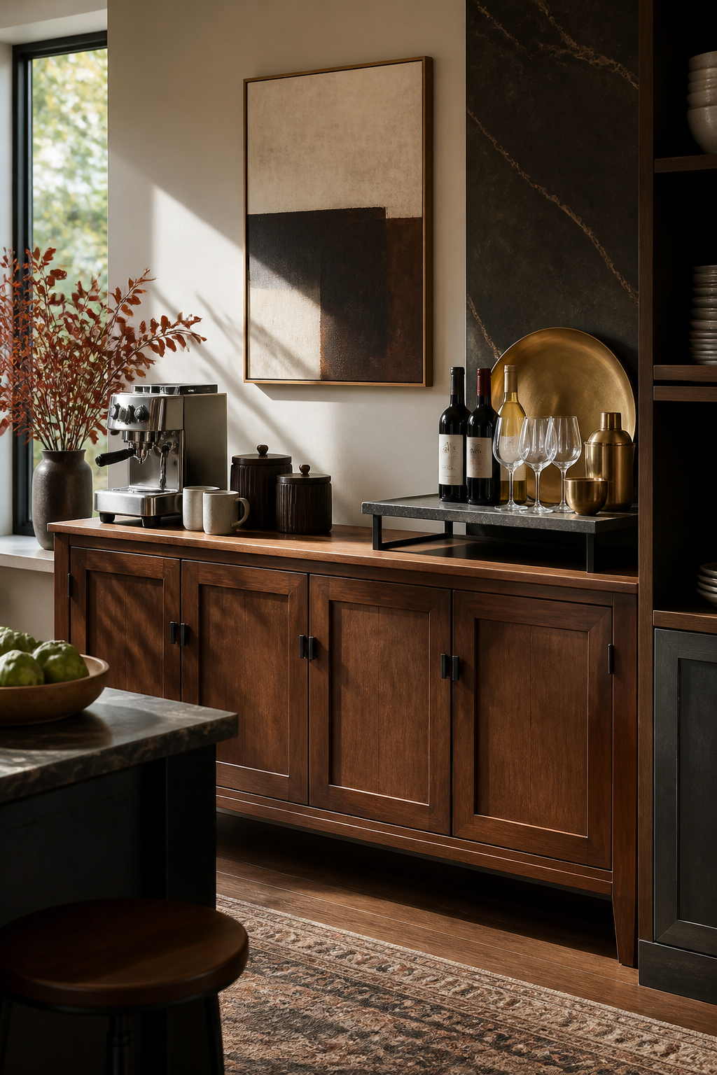 30 Coffee Bar Ideas for Every Room, Style and Budget in 2026 6 A sideboard with a coffee station on one side and wine on the other.