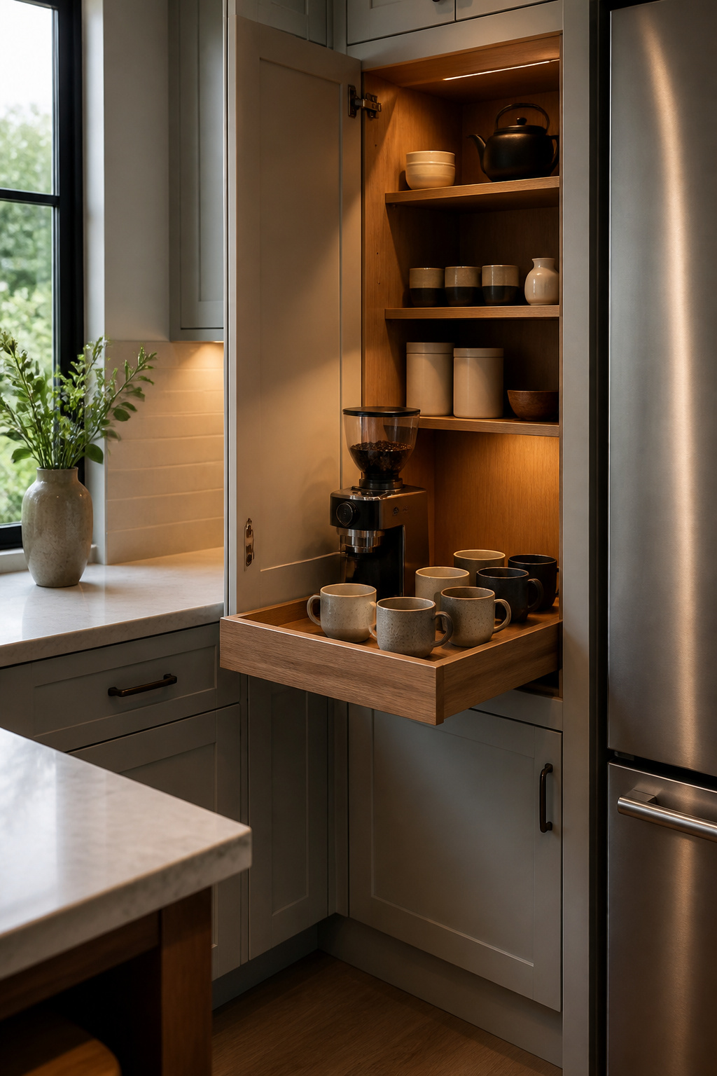 30 Coffee Bar Ideas for Every Room, Style and Budget in 2026 7 A corner cabinet with a pull-out drawer for coffee supplies.