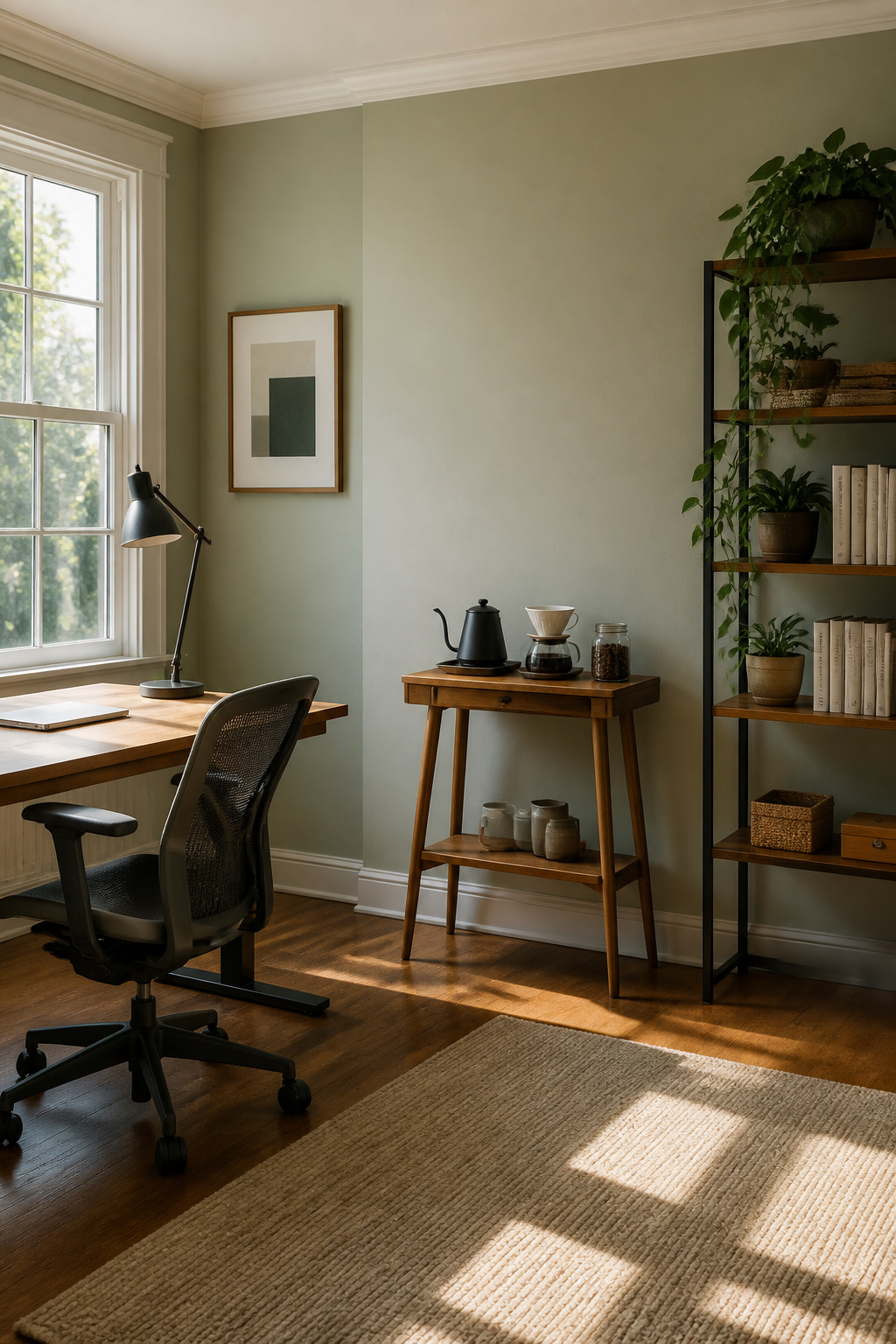 30 Coffee Bar Ideas for Every Room, Style and Budget in 2026 8 A coffee station set up in a home office away from the desk.