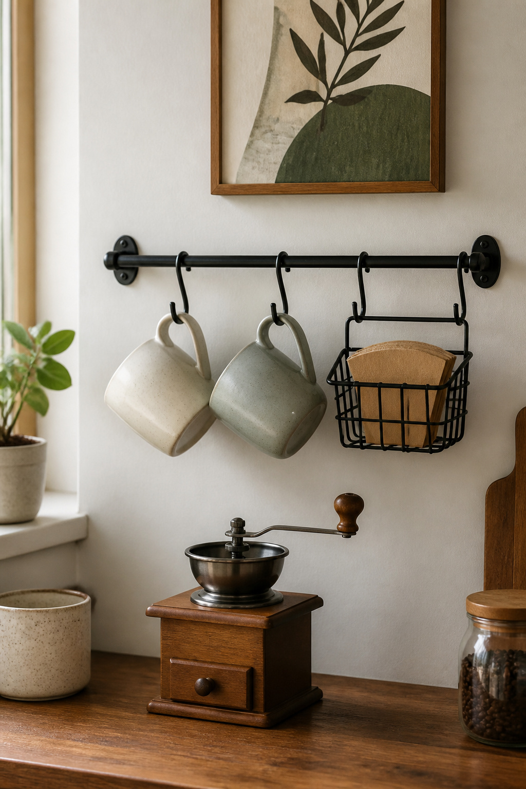 30 Coffee Bar Ideas for Every Room, Style and Budget in 2026 9 A rail system with mugs and a basket mounted above a coffee station.