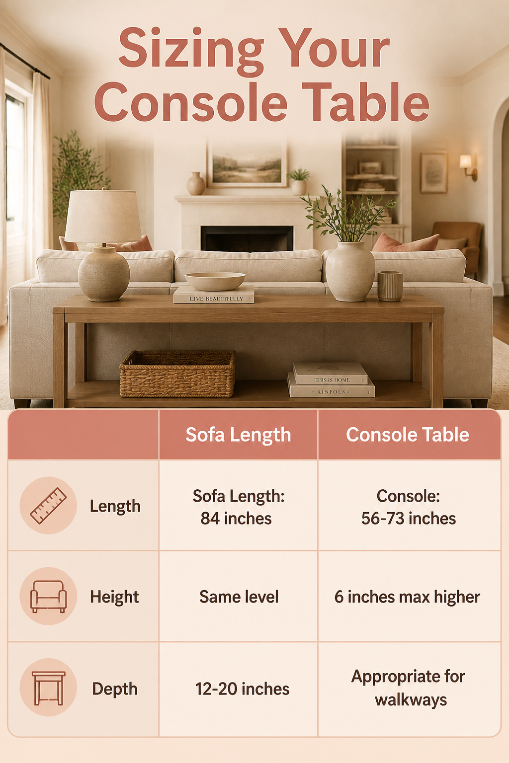 Sizing guide for console tables behind a couch.