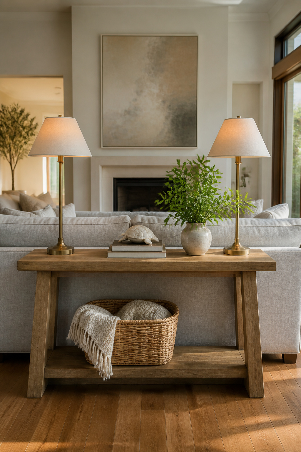 Symmetrically styled console table with lamps and books.