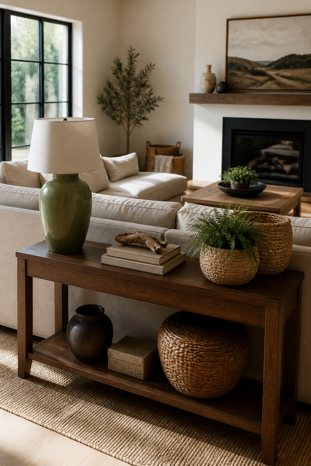 Asymmetrical console table with a lamp and various baskets.