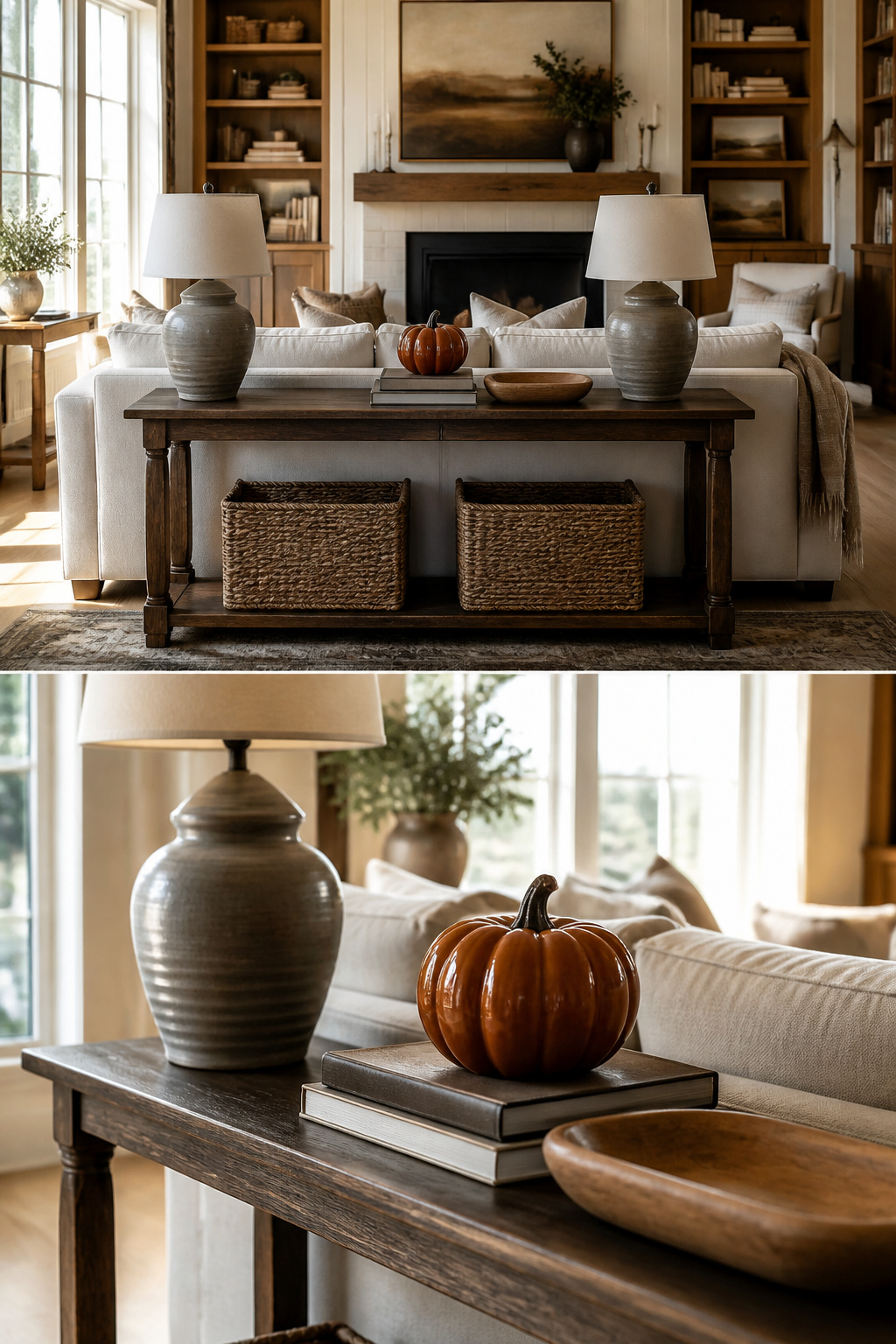 Console table decorated with seasonal items like a ceramic pumpkin.