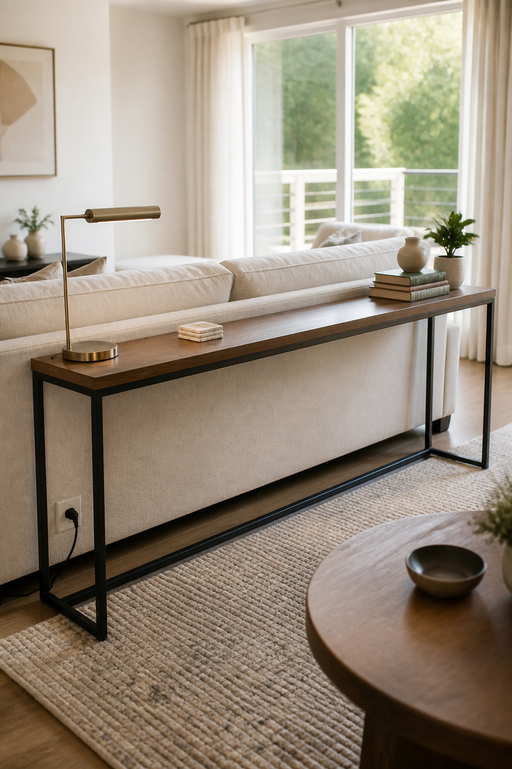 Console table with a lamp, coasters, and stacked books.