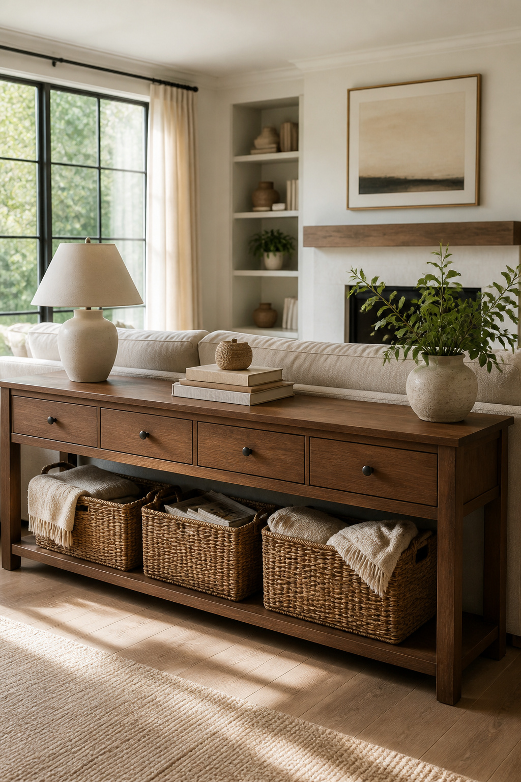 Console table with storage baskets and decorative items.