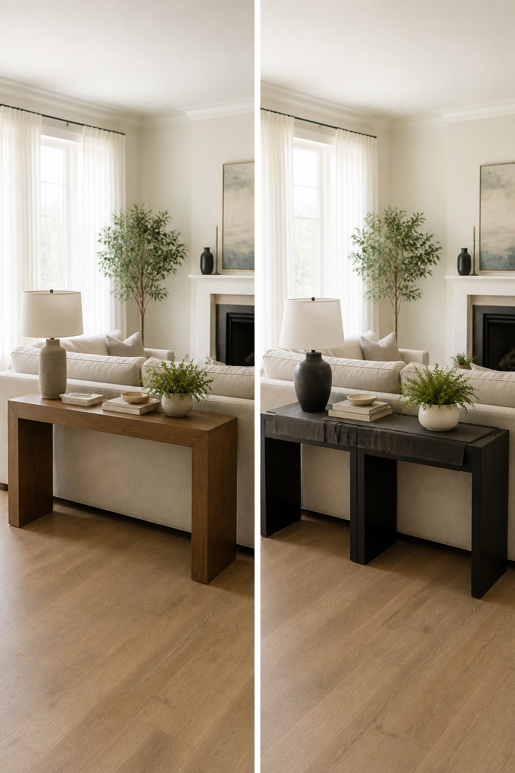 Two small tables pushed together behind a long couch.
