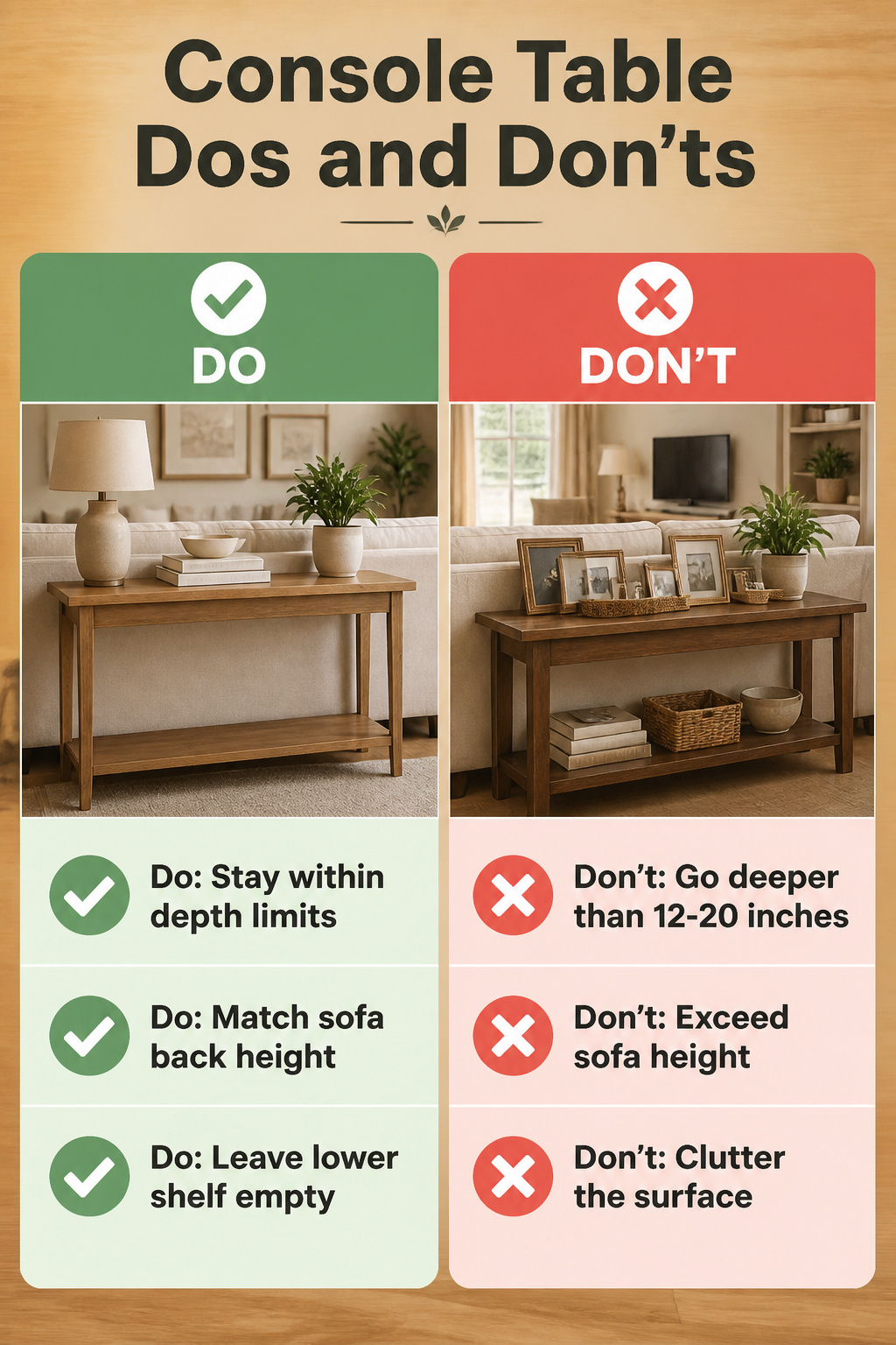 Dos and don'ts for styling a console table behind a couch.