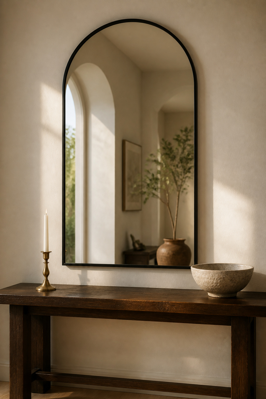 An arched mirror above a console table with decorative items.
