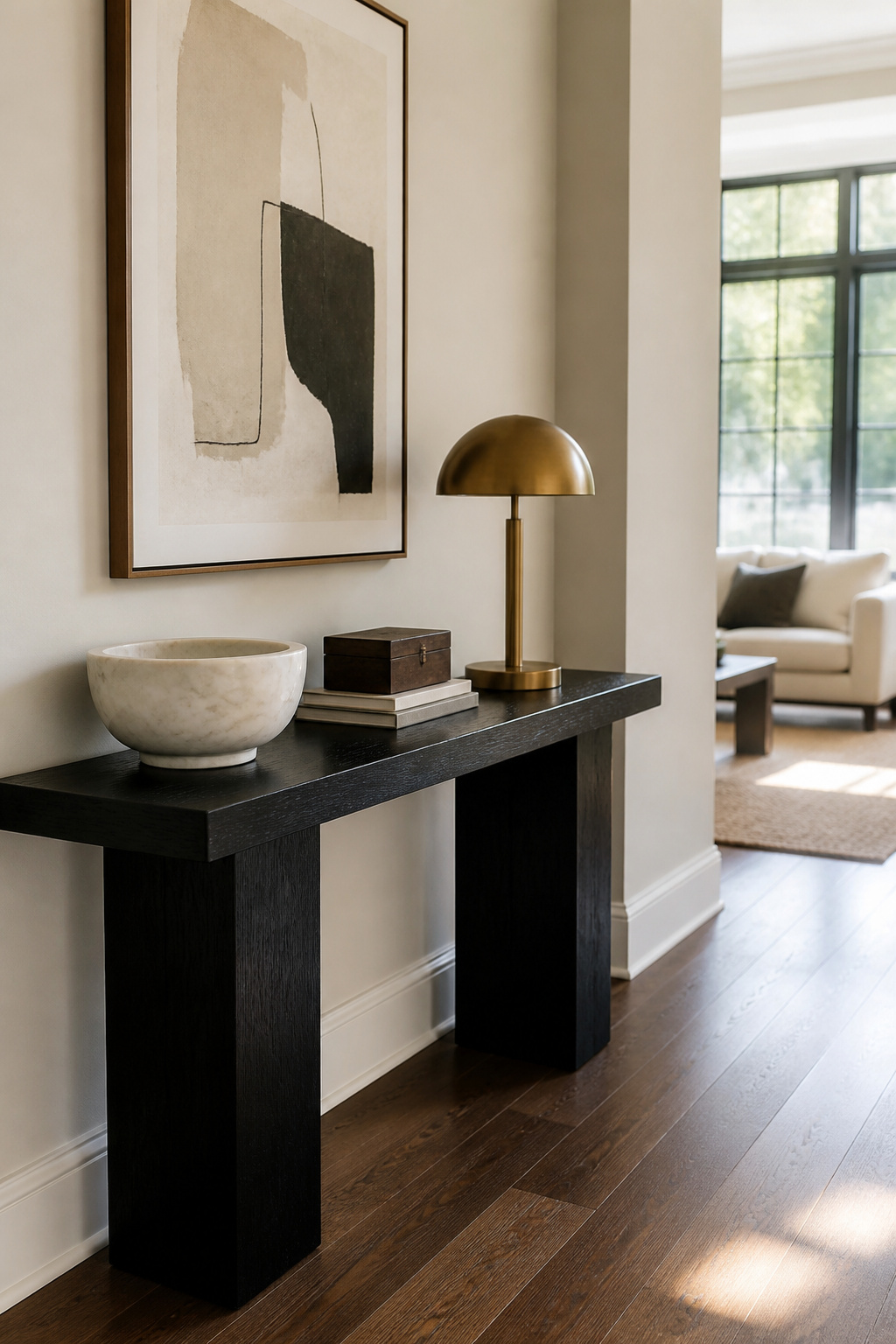 A black console table with marble, wood, and gold decorative objects.