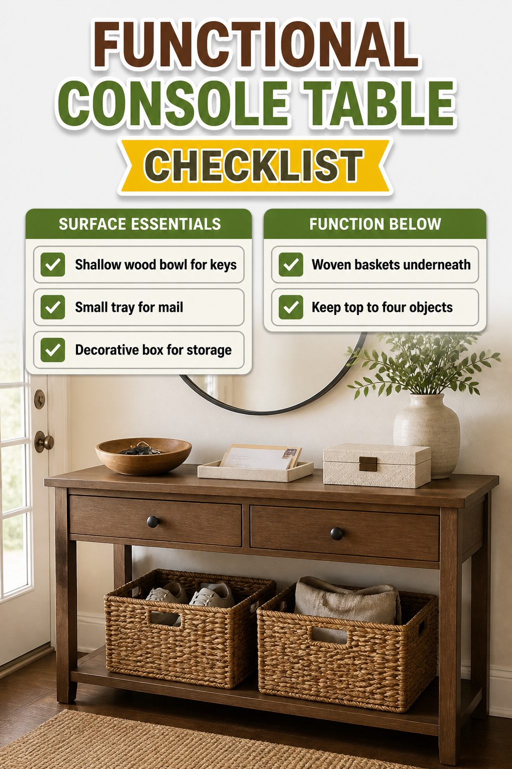 An entryway console table with bowls and a decorative box for storage.