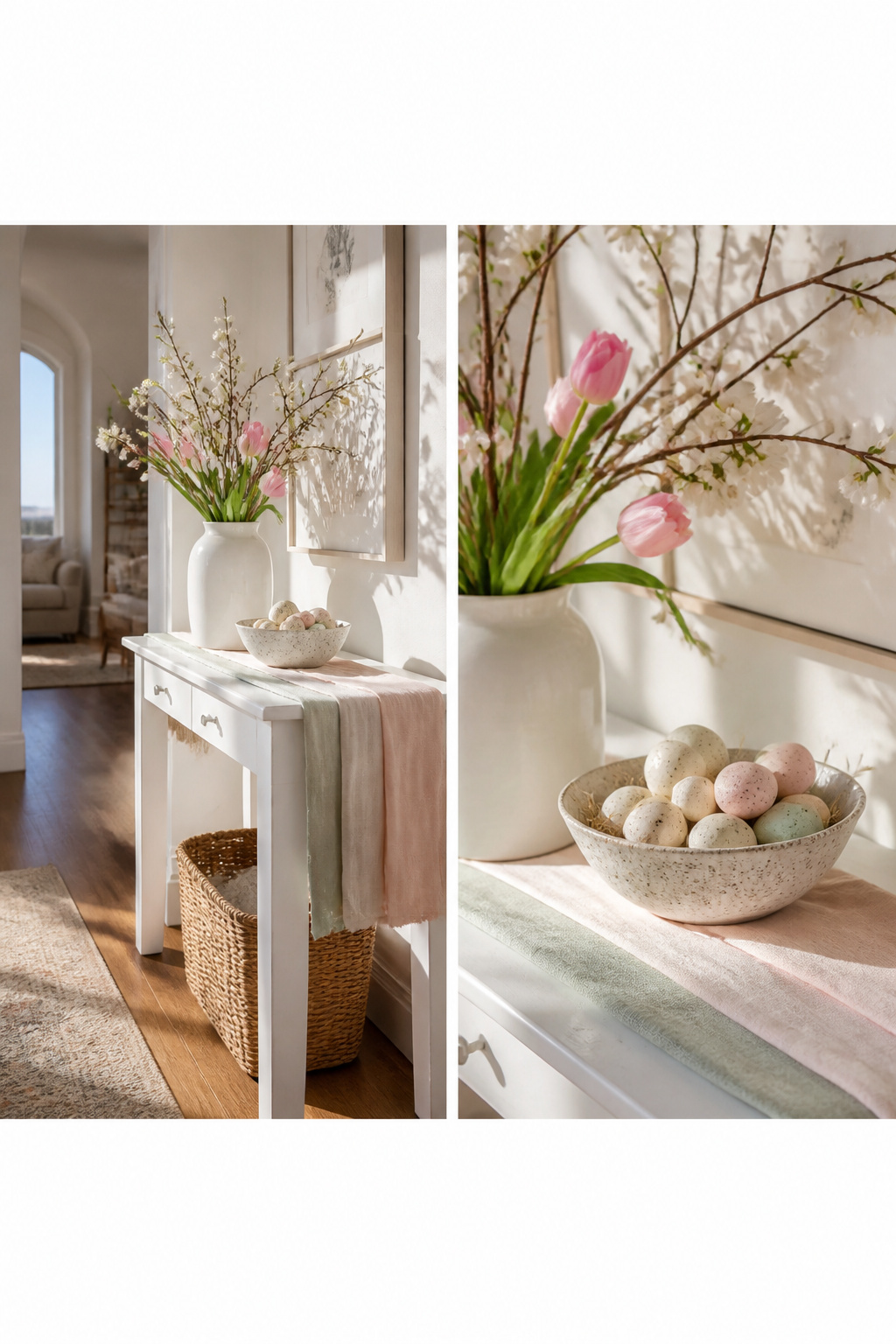 A console table decorated with seasonal decor items and a soft runner.