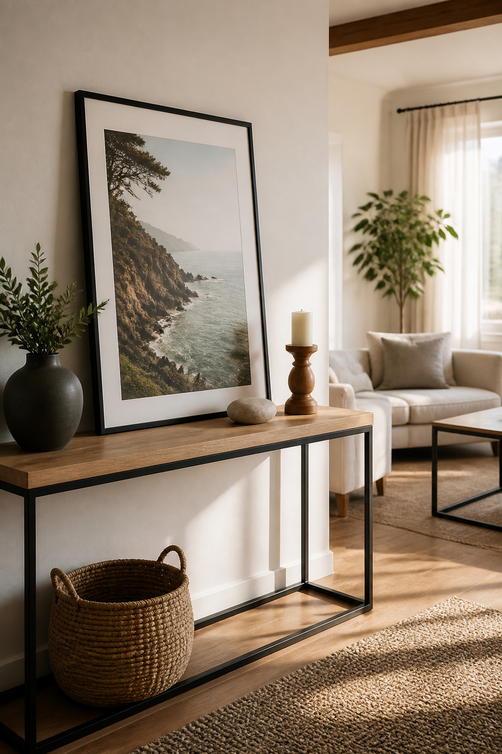 A console table with a framed print and decorative objects beside it.