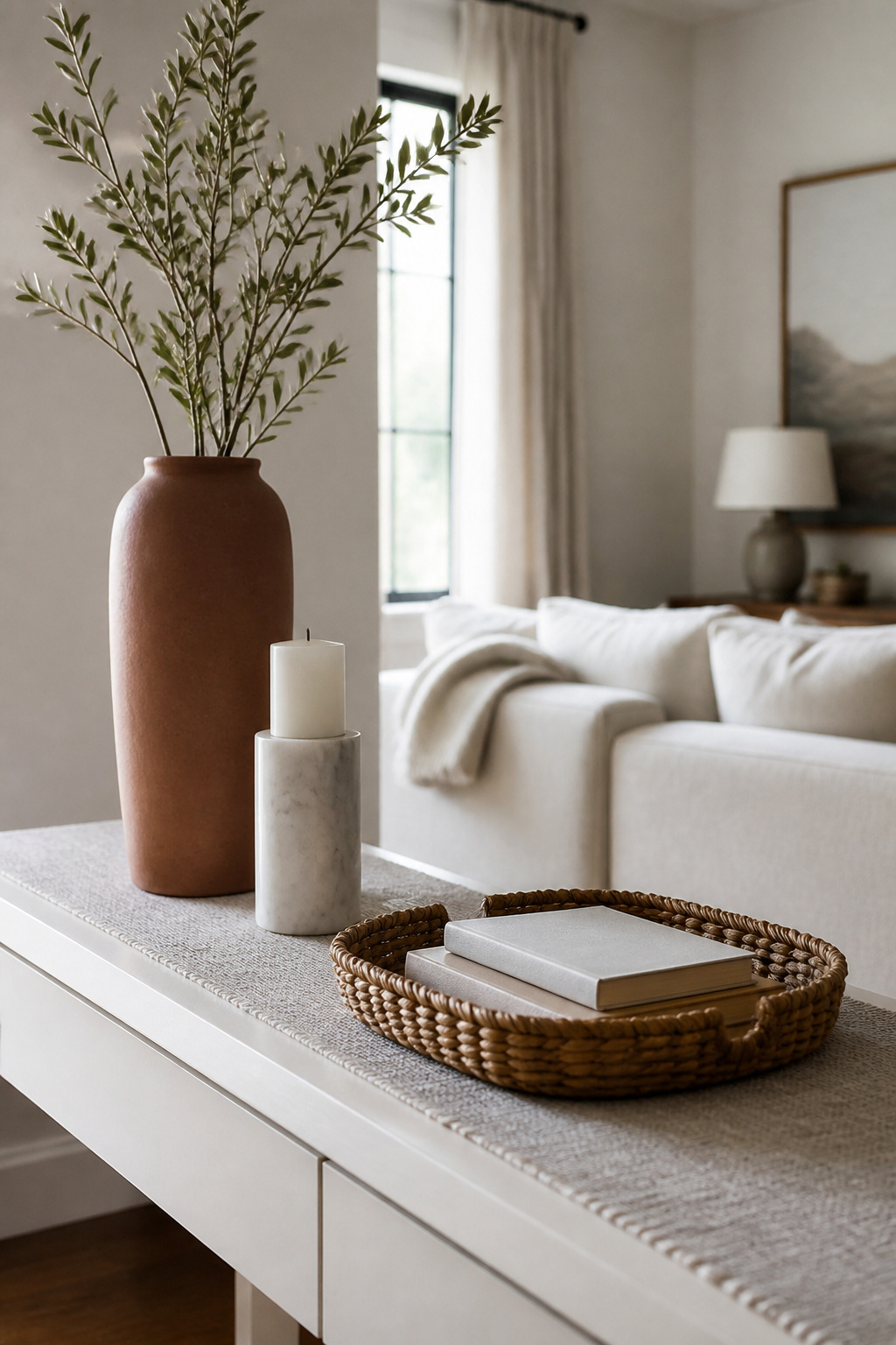 A white console table with a vase, candle holder, and a basket of books.