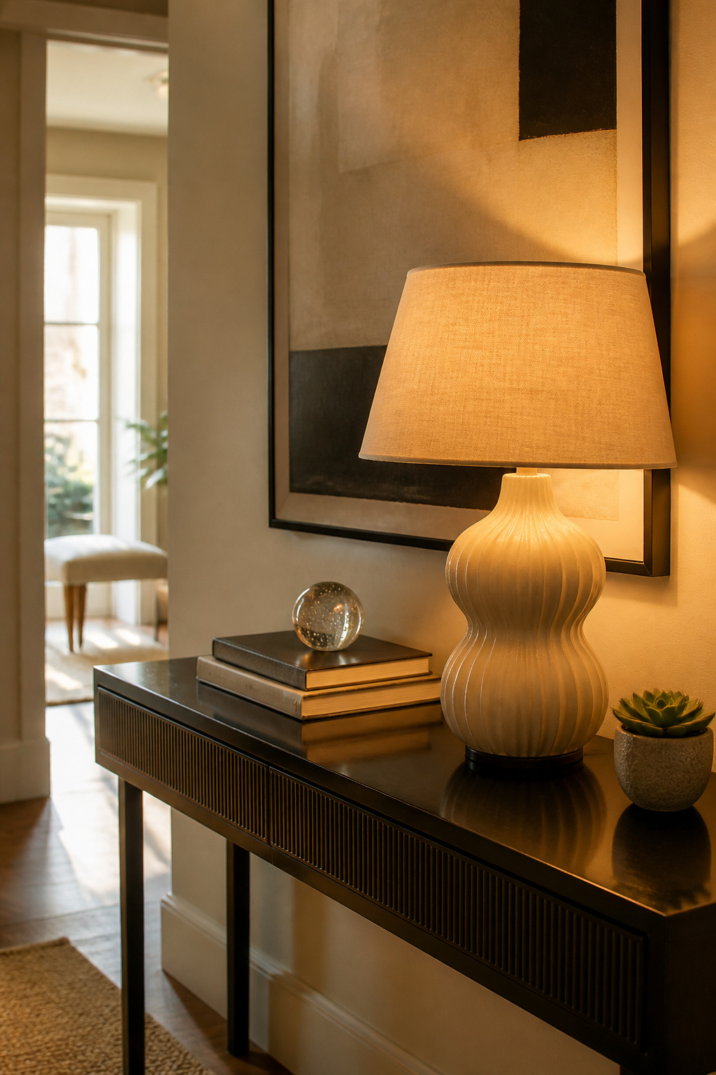A black console table with a lamp, books, and a small plant.