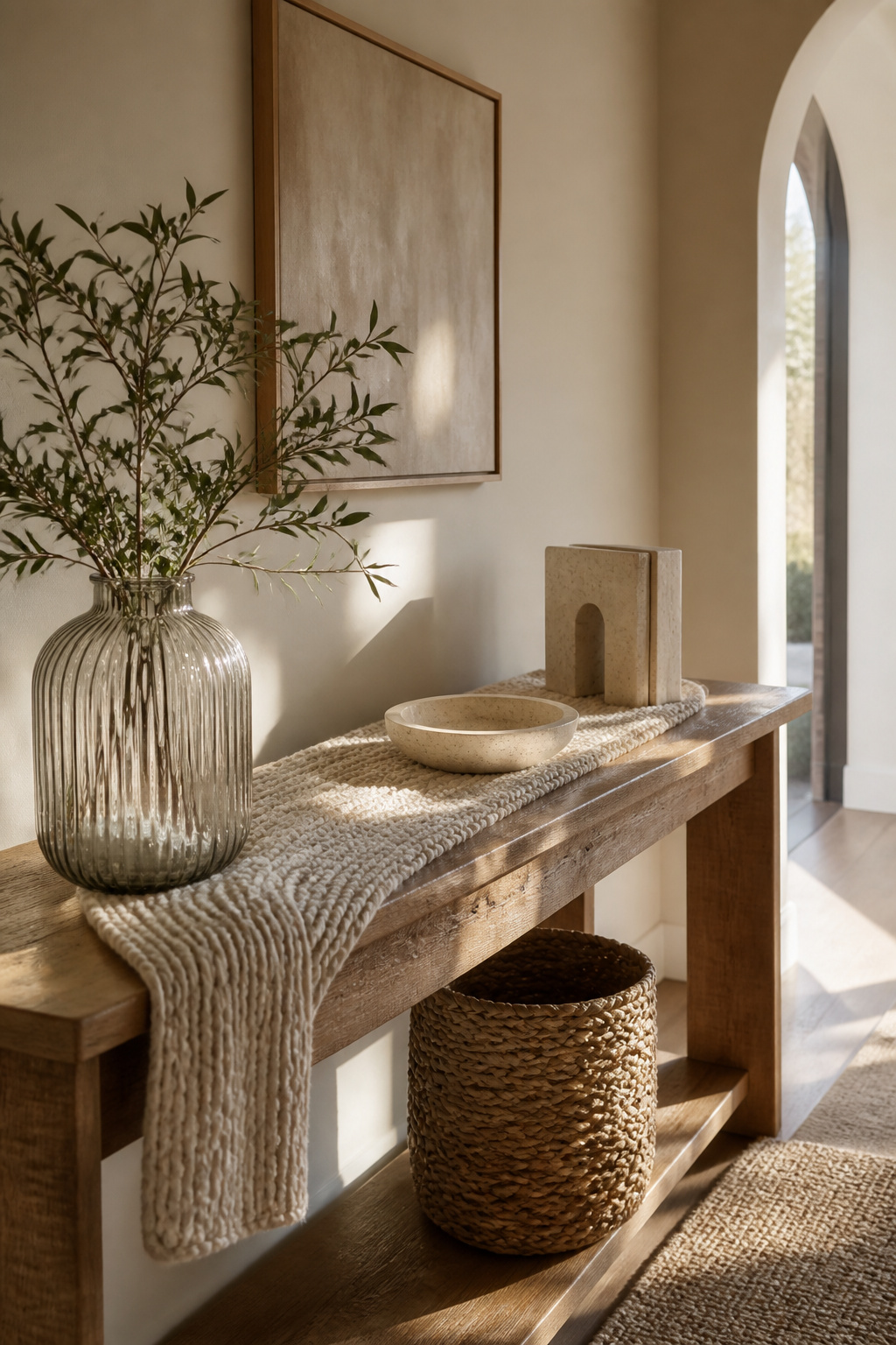 A console table with a glass vase, stone bookend, and a knit runner.