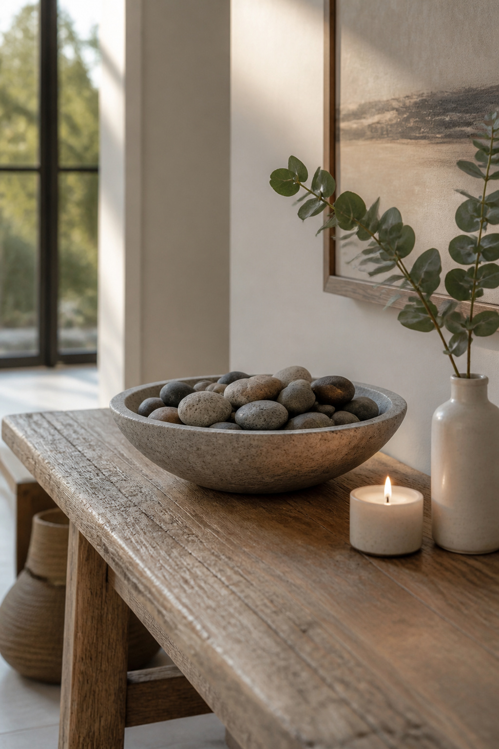 A console table featuring a large bowl filled with decorative stones.