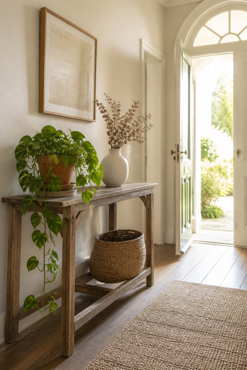A console table with a plant and decorative items, set in a hallway.