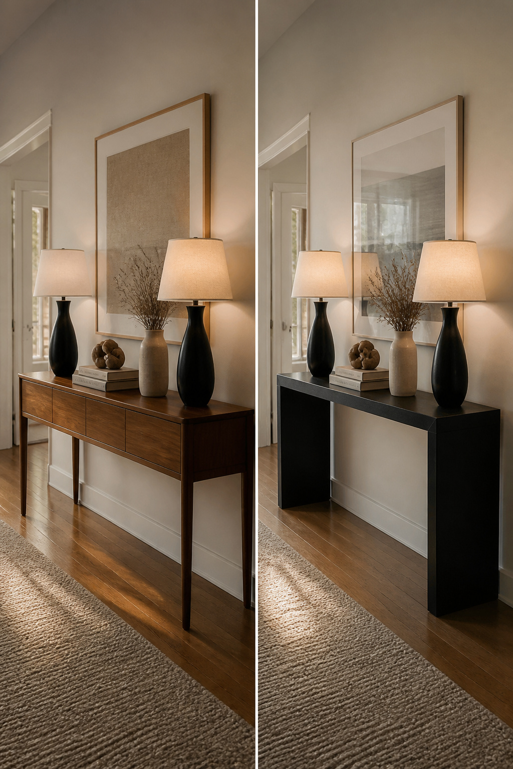 A console table with matching lamps and decorative items on each end.