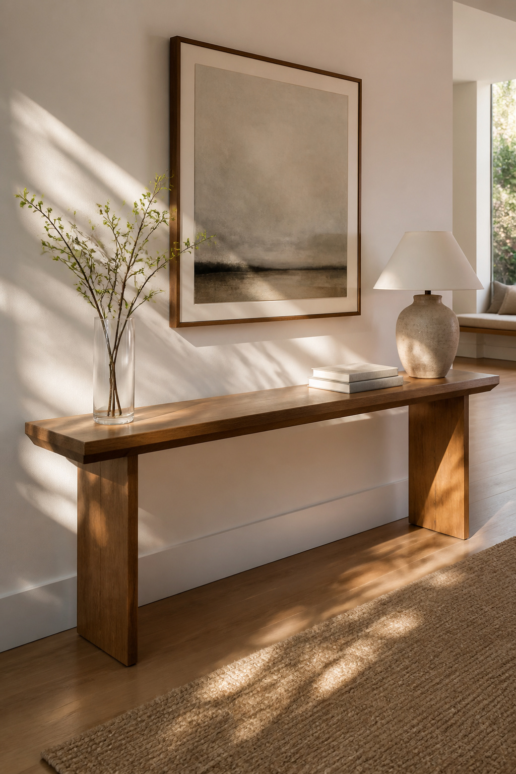 A console table showcasing a lamp, vase, and books with clear space.