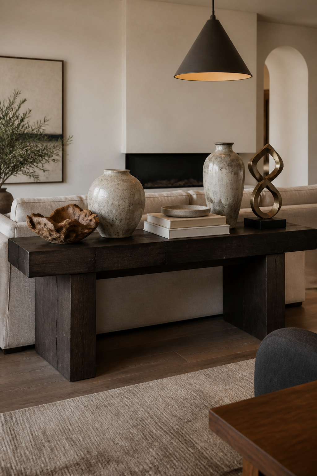 A dark wood console table adorned with stoneware and coffee table books.