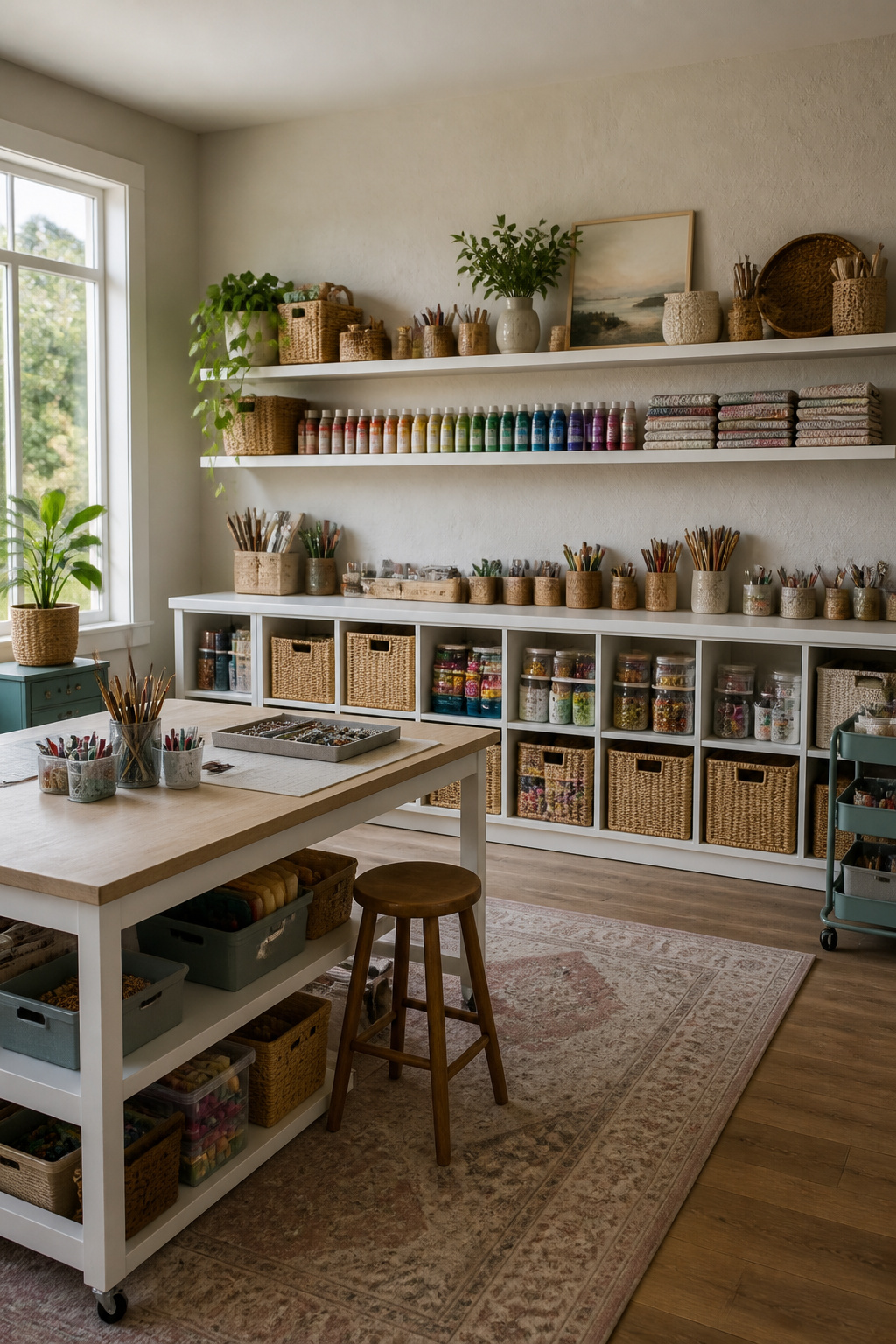 Wall-mounted shelves and cubbies filled with craft supplies.