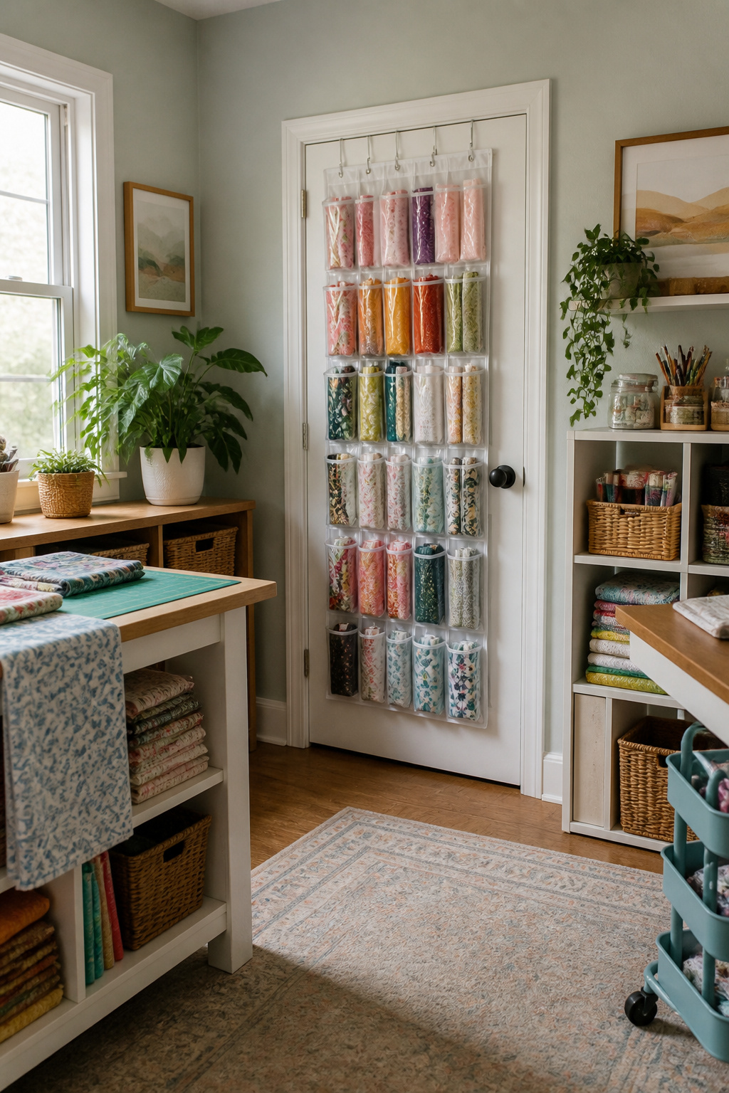 An over-door shoe organizer holding rolls of fabric and vinyl.
