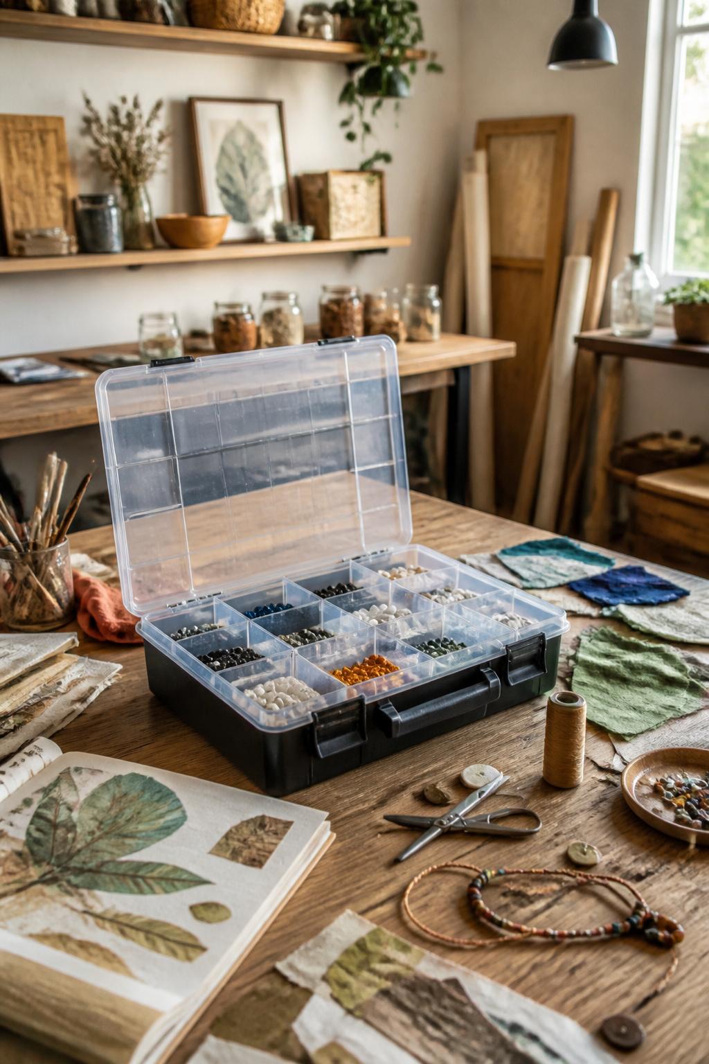 A sturdy hardware storage case filled with assorted craft items.