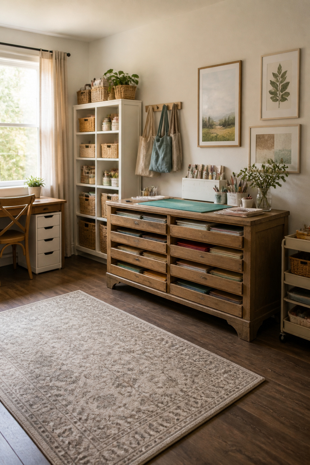 A vintage dresser used for storing craft supplies.