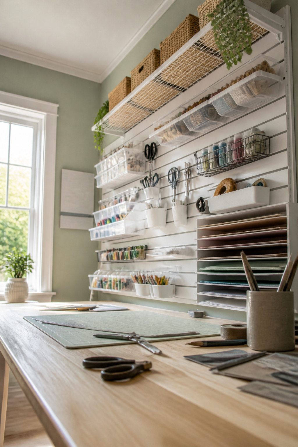 Wall-mounted vertical storage systems with craft supplies.