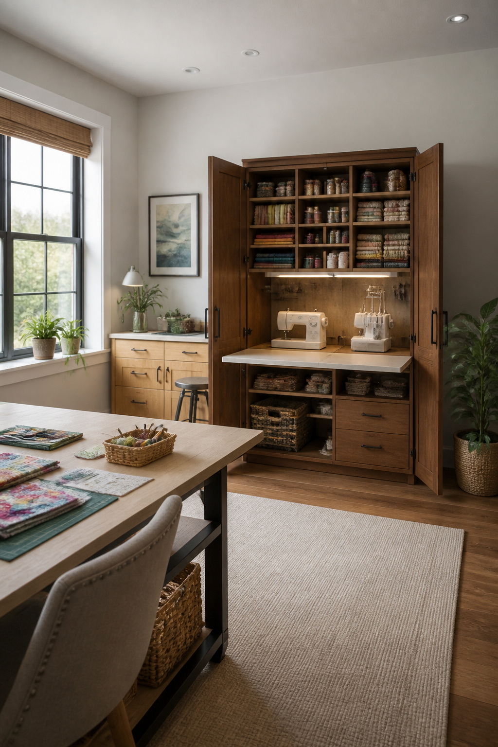 An enclosed craft cabinet with a workspace and storage.