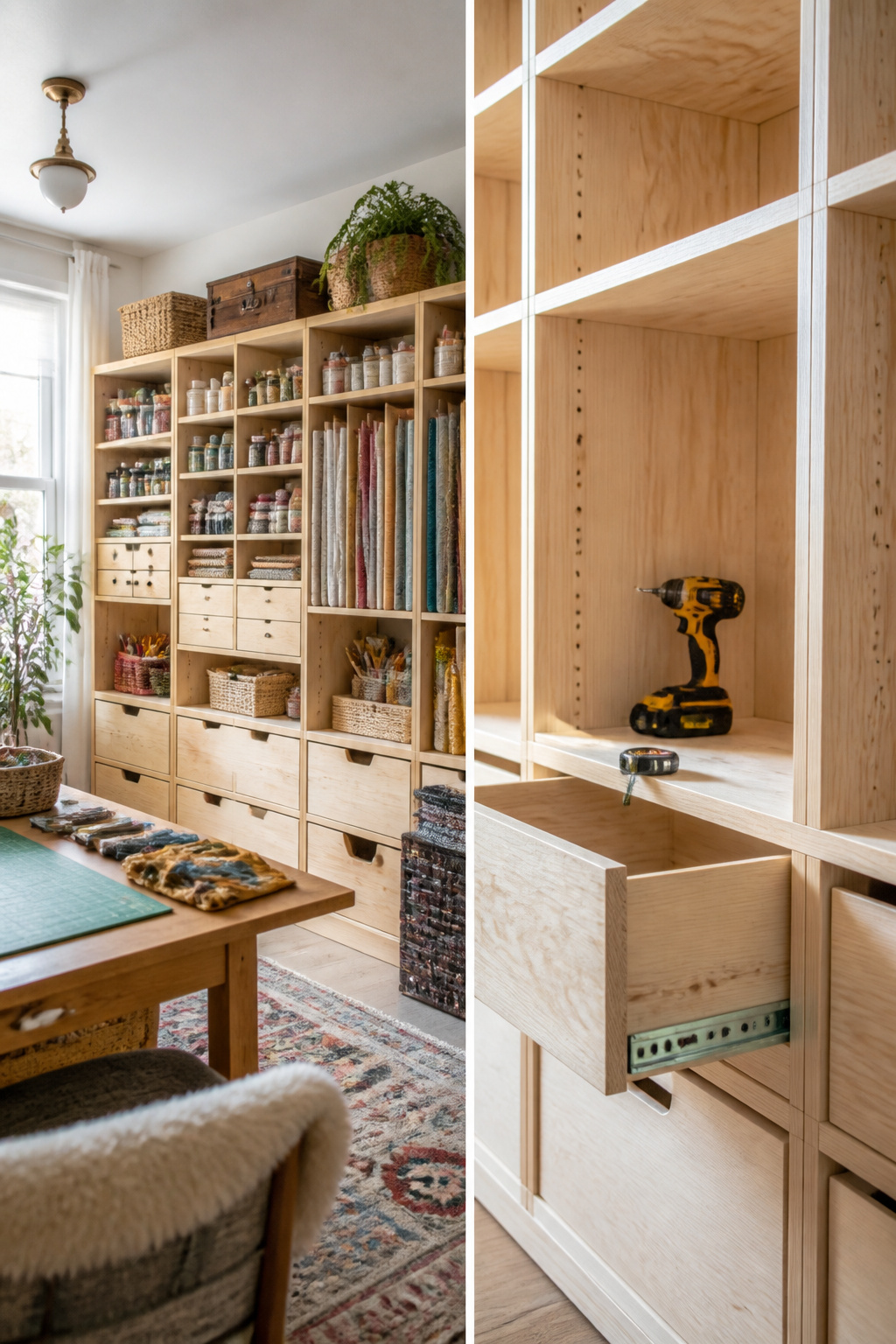 A custom-built wall unit for craft storage.