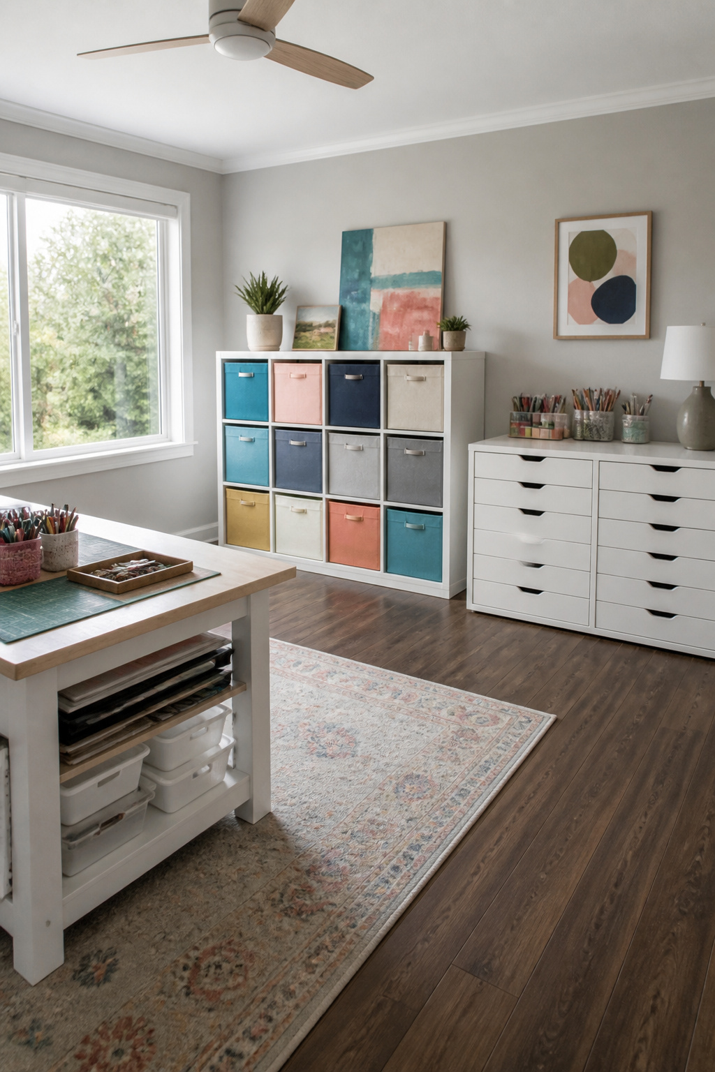 IKEA KALLAX cube units with fabric bins and organized drawers.
