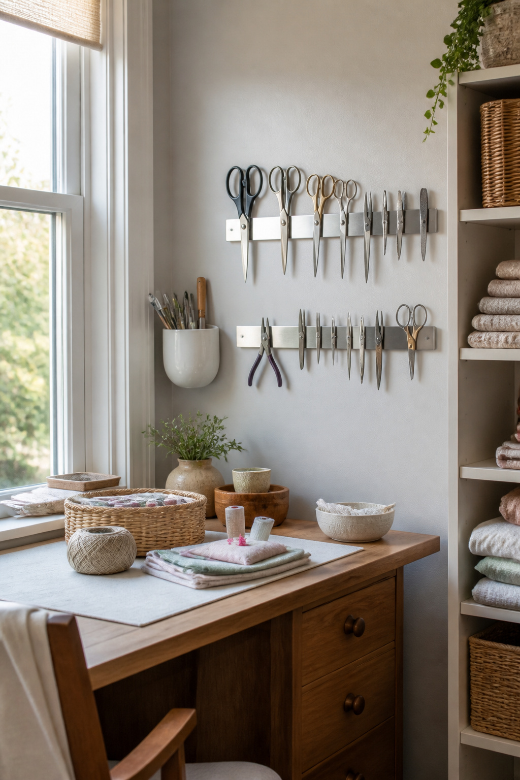 Wall-mounted magnetic strips displaying various metal tools.