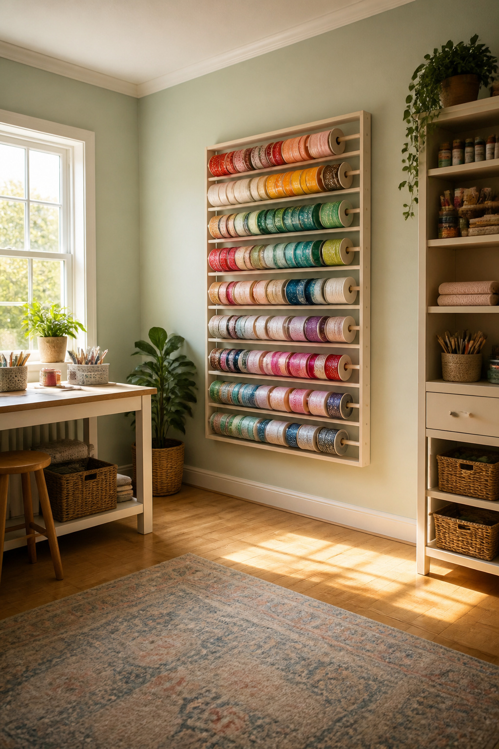 Wall-mounted racks displaying rolls of ribbon and paper.