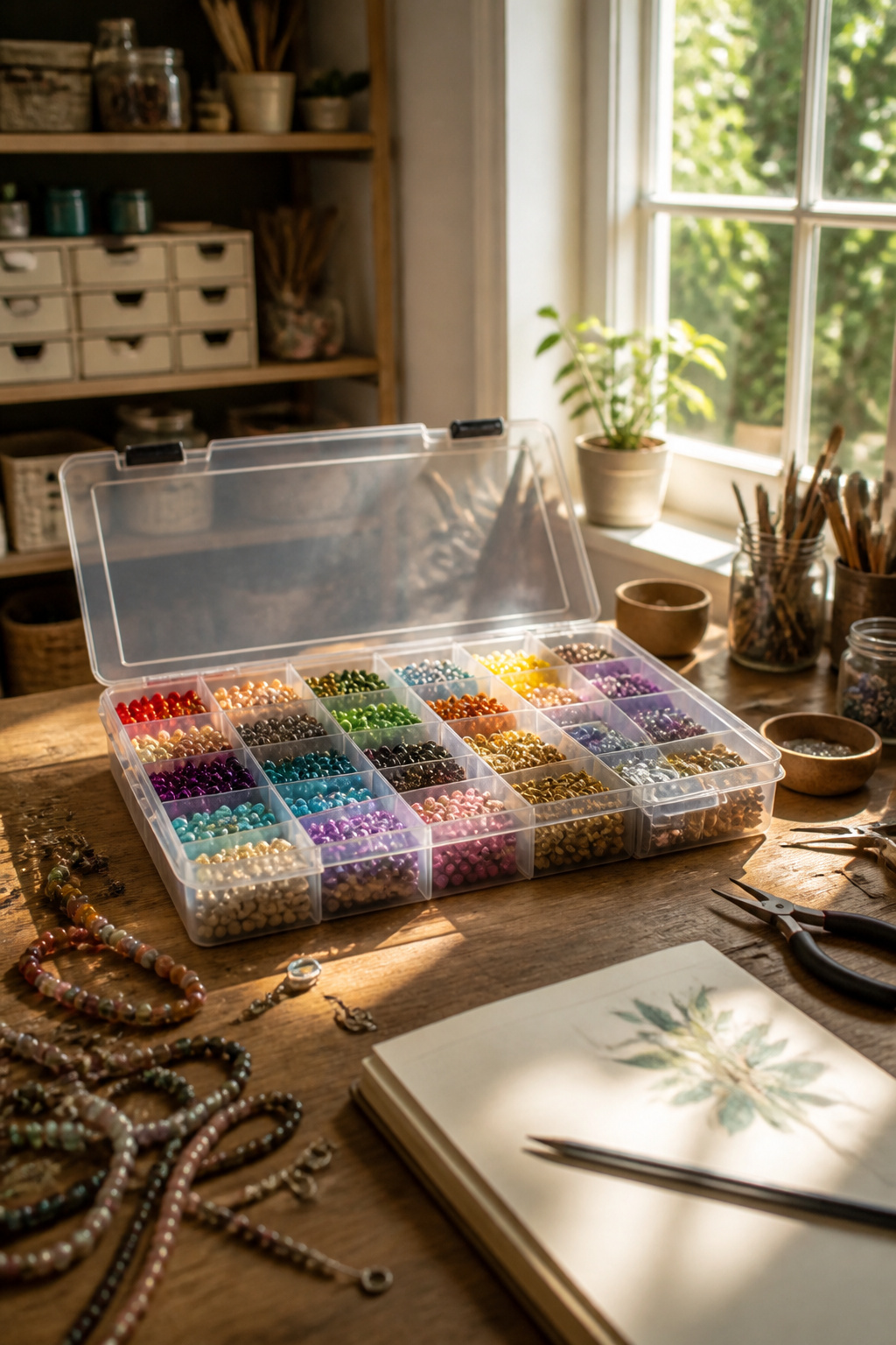 A tackle box with compartments filled with colorful beads.