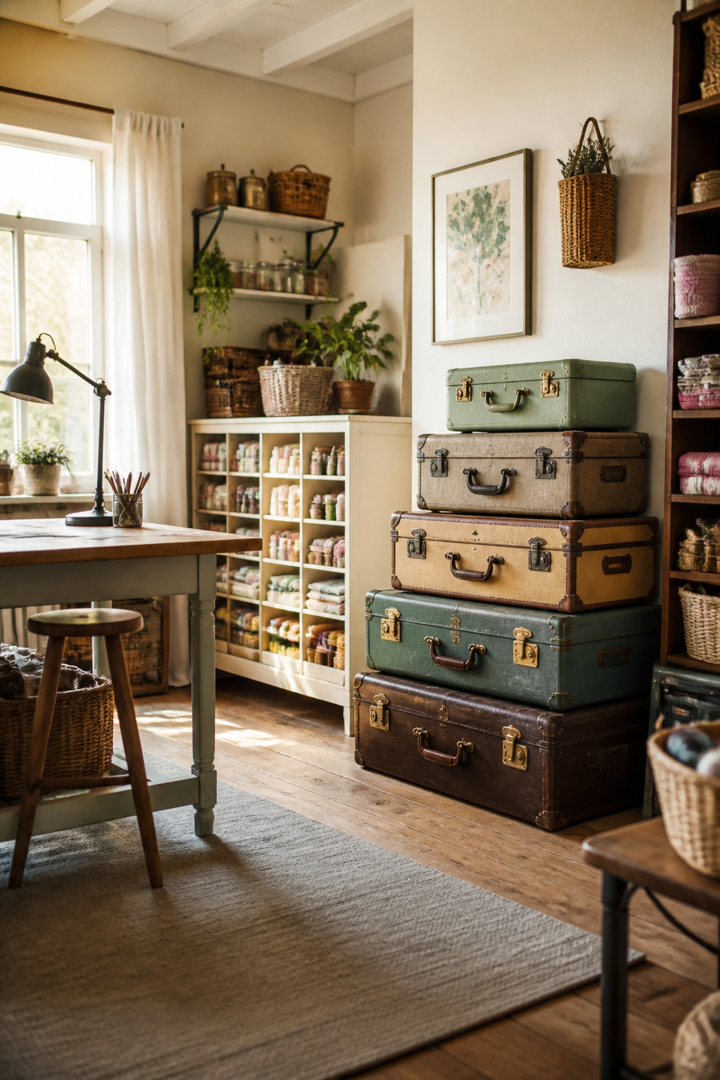 A stack of vintage suitcases used for craft storage.